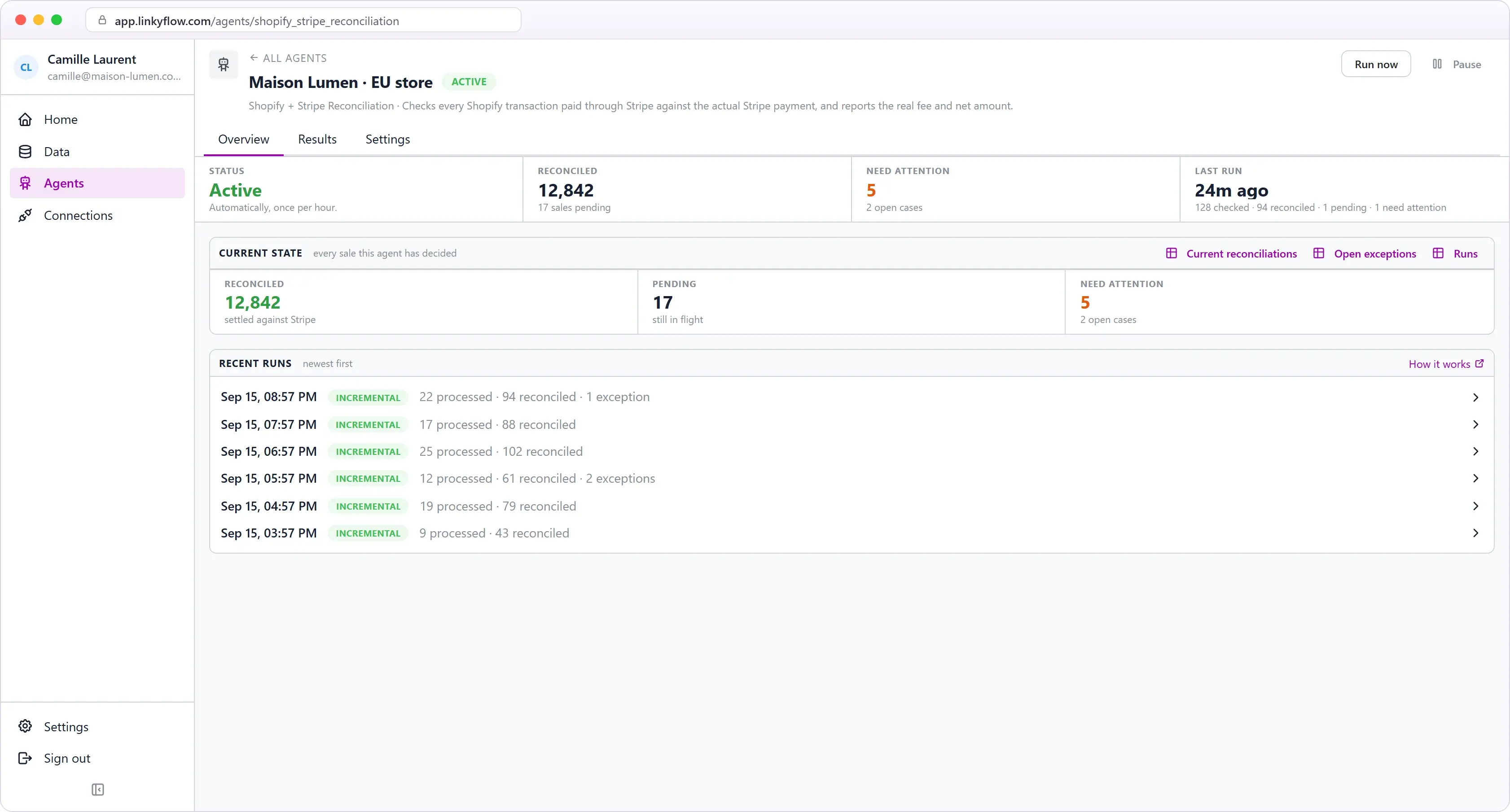 Shopify + Stripe Reconciliation agent overview in LinkyFlow