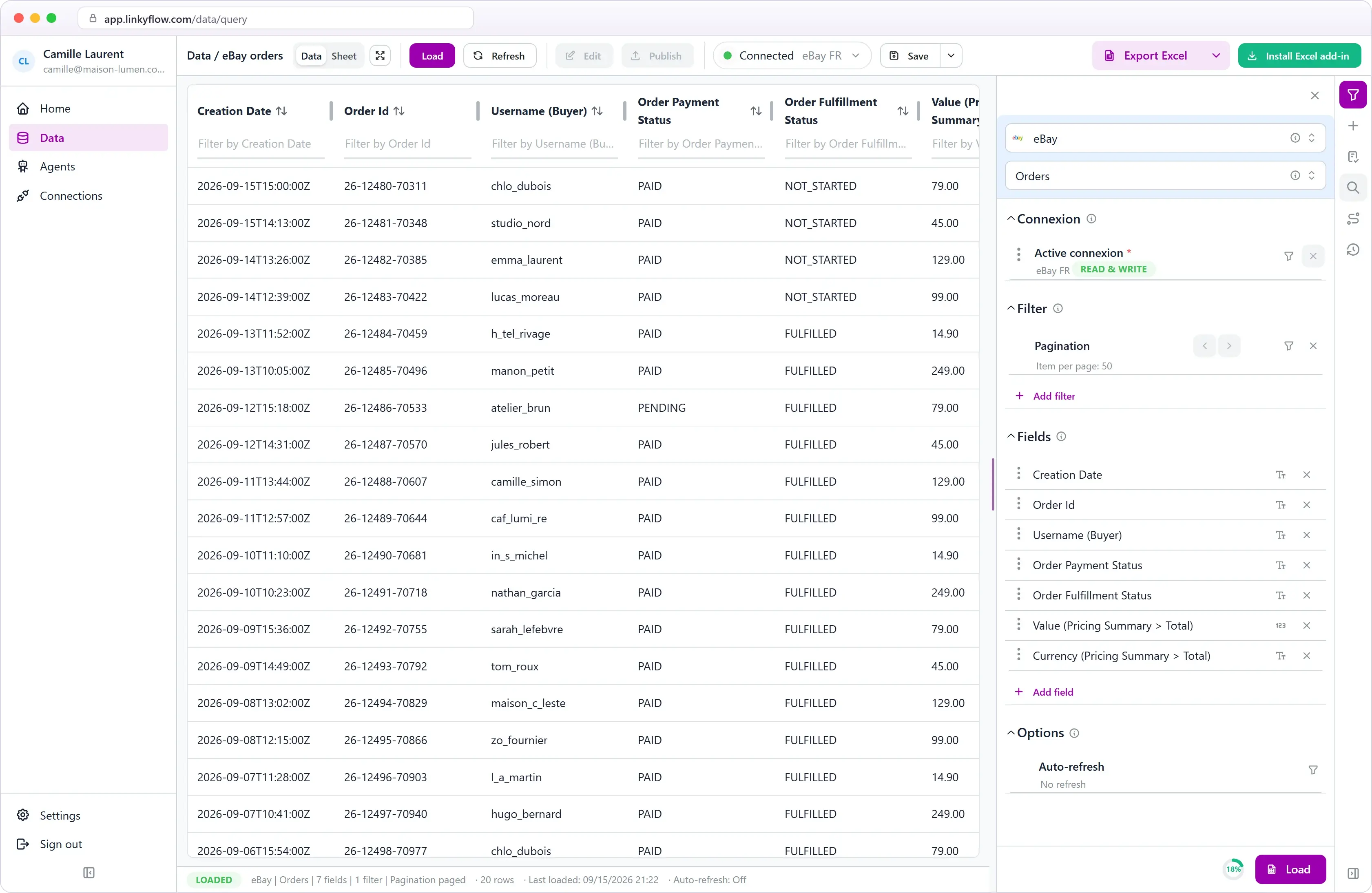 eBay orders loaded in LinkyFlow