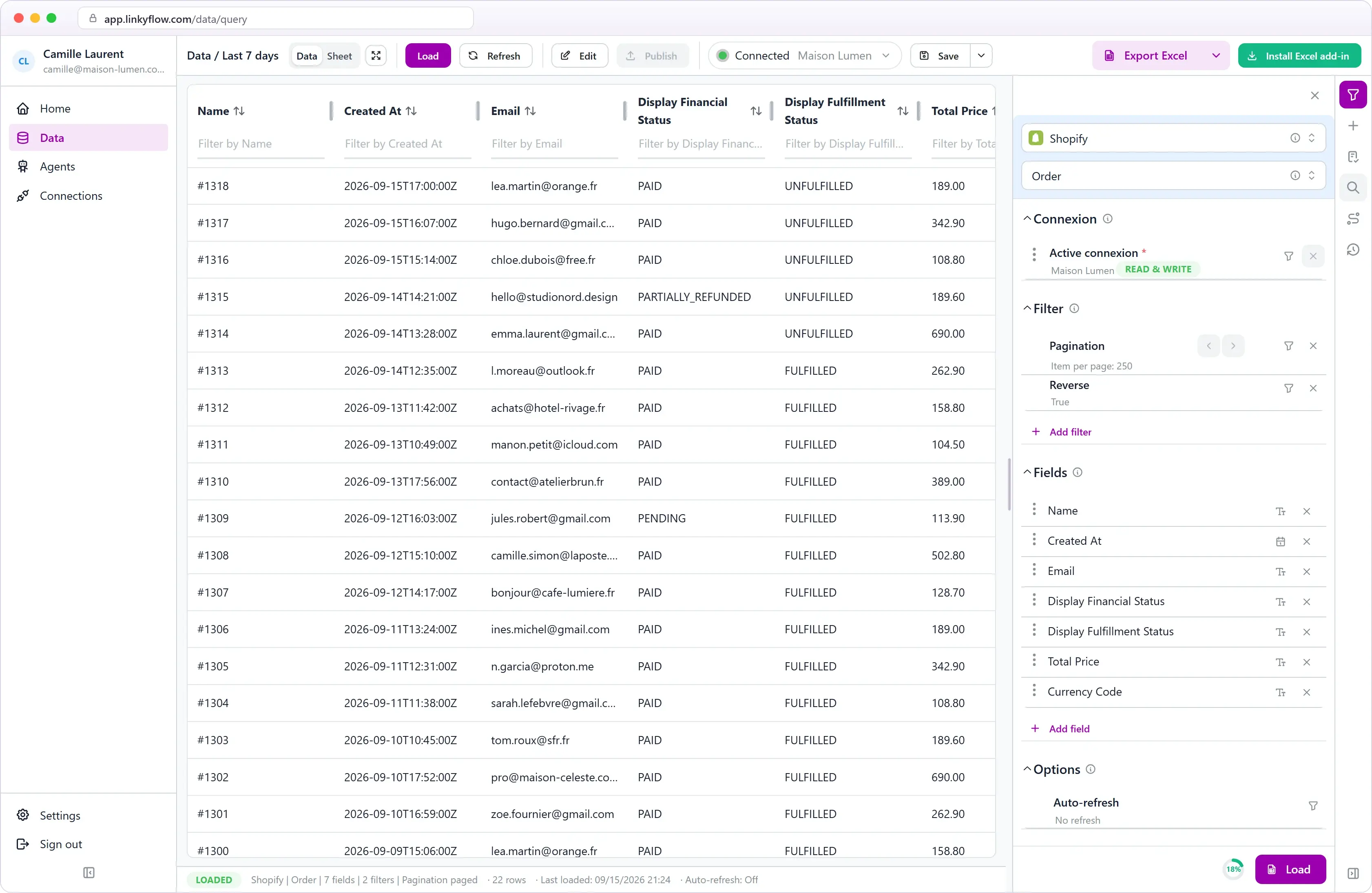 Shopify orders loaded in the LinkyFlow web app