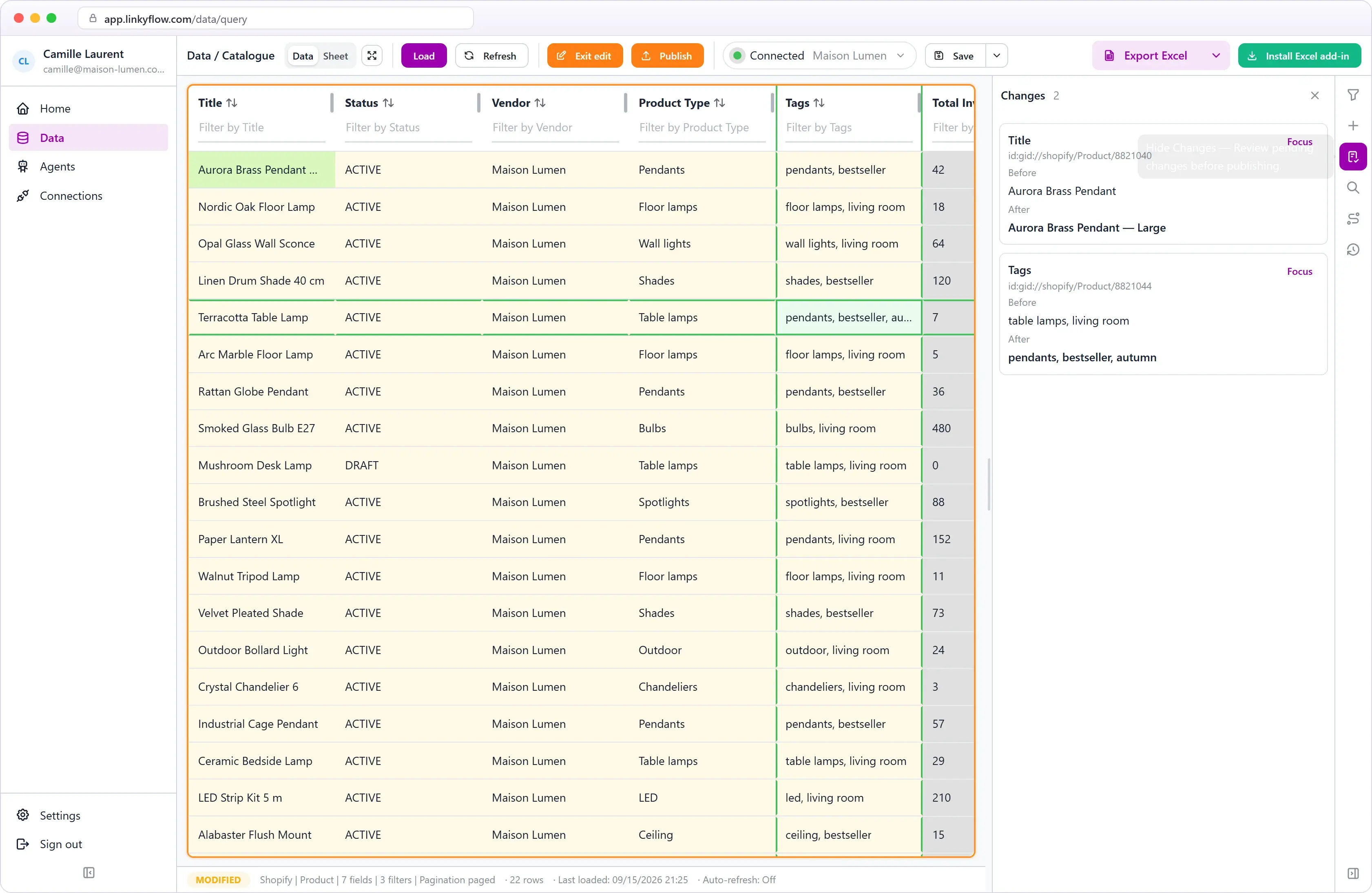 Pending Shopify product changes reviewed in LinkyFlow