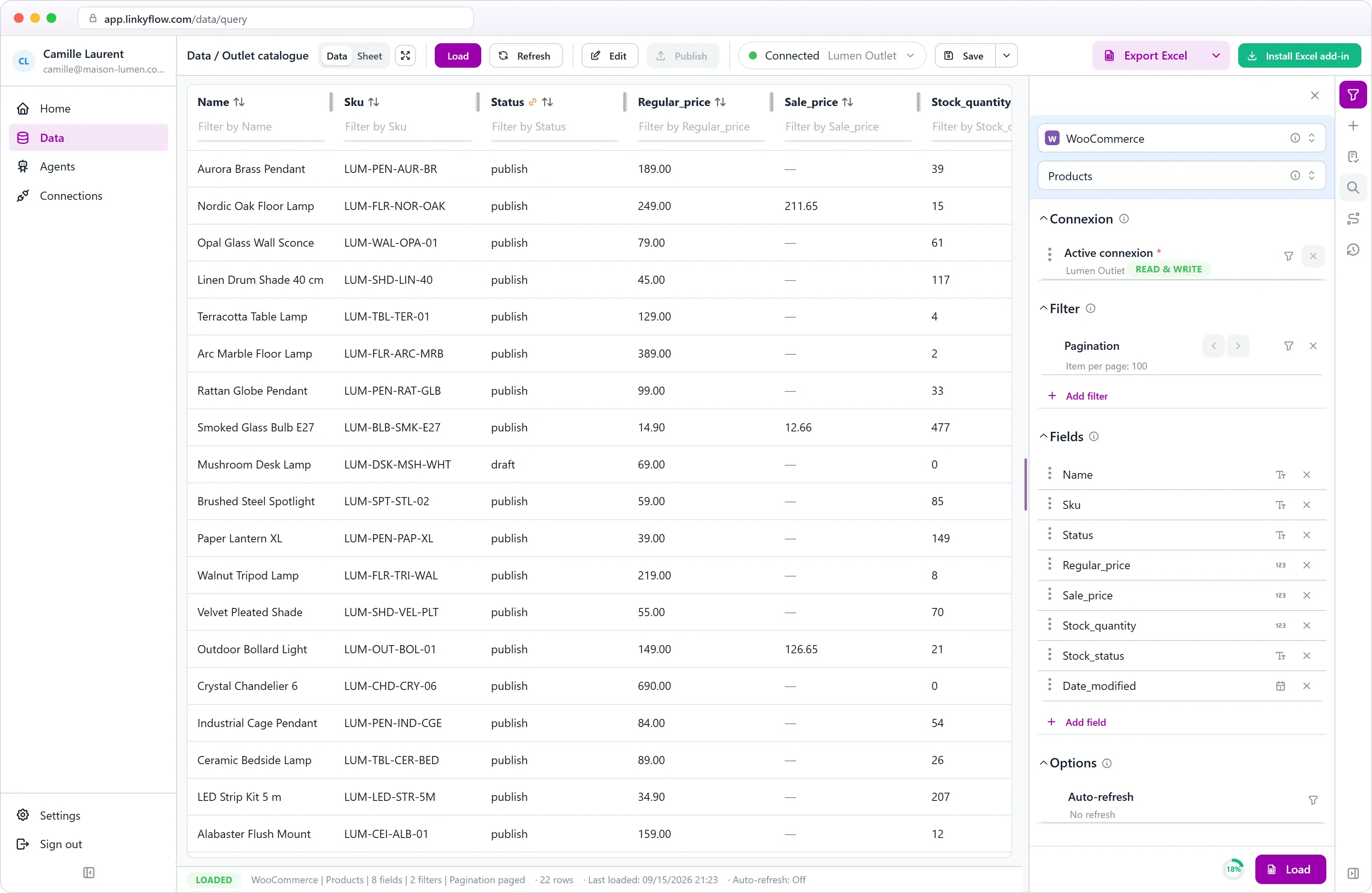 WooCommerce products loaded in the LinkyFlow web app