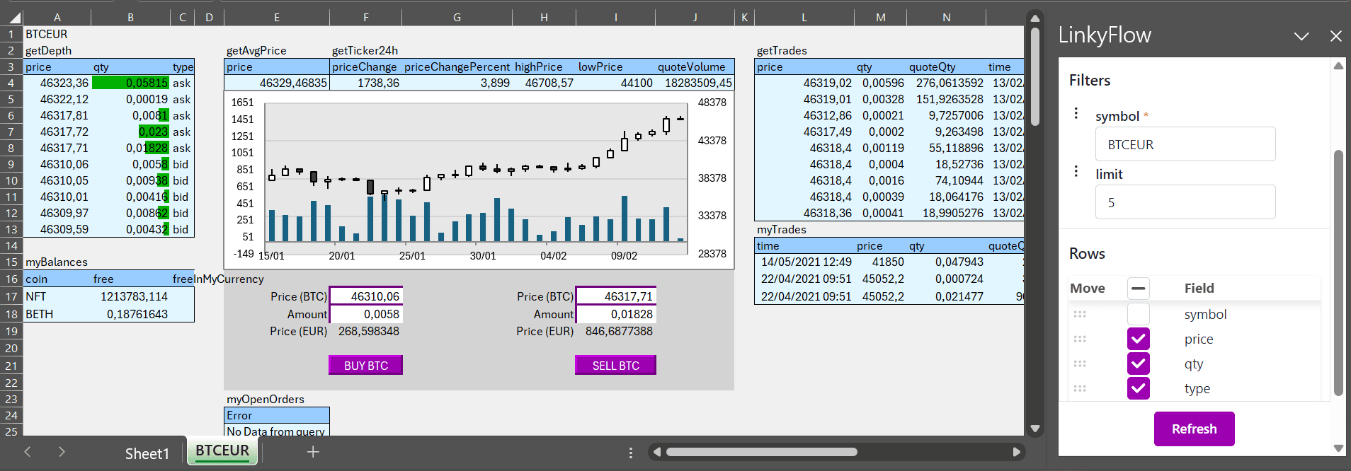 Get data and create trading crypto order from Excel