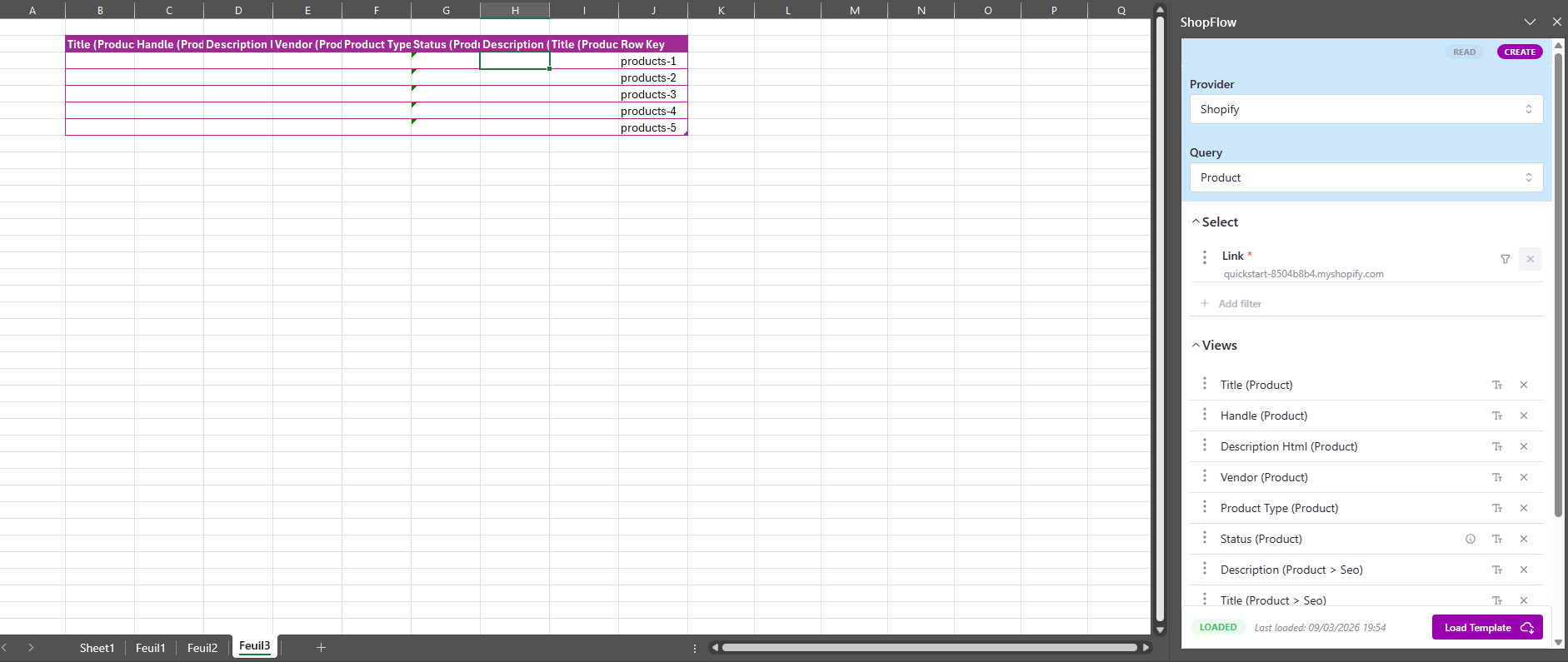 Template de création Products avec champs sélectionnés