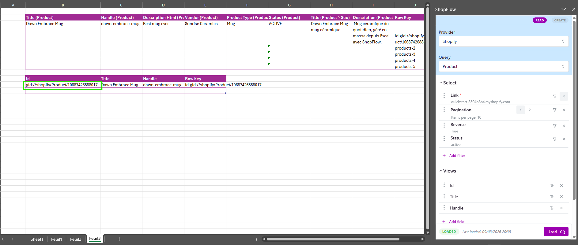 Requête products avec id title handle