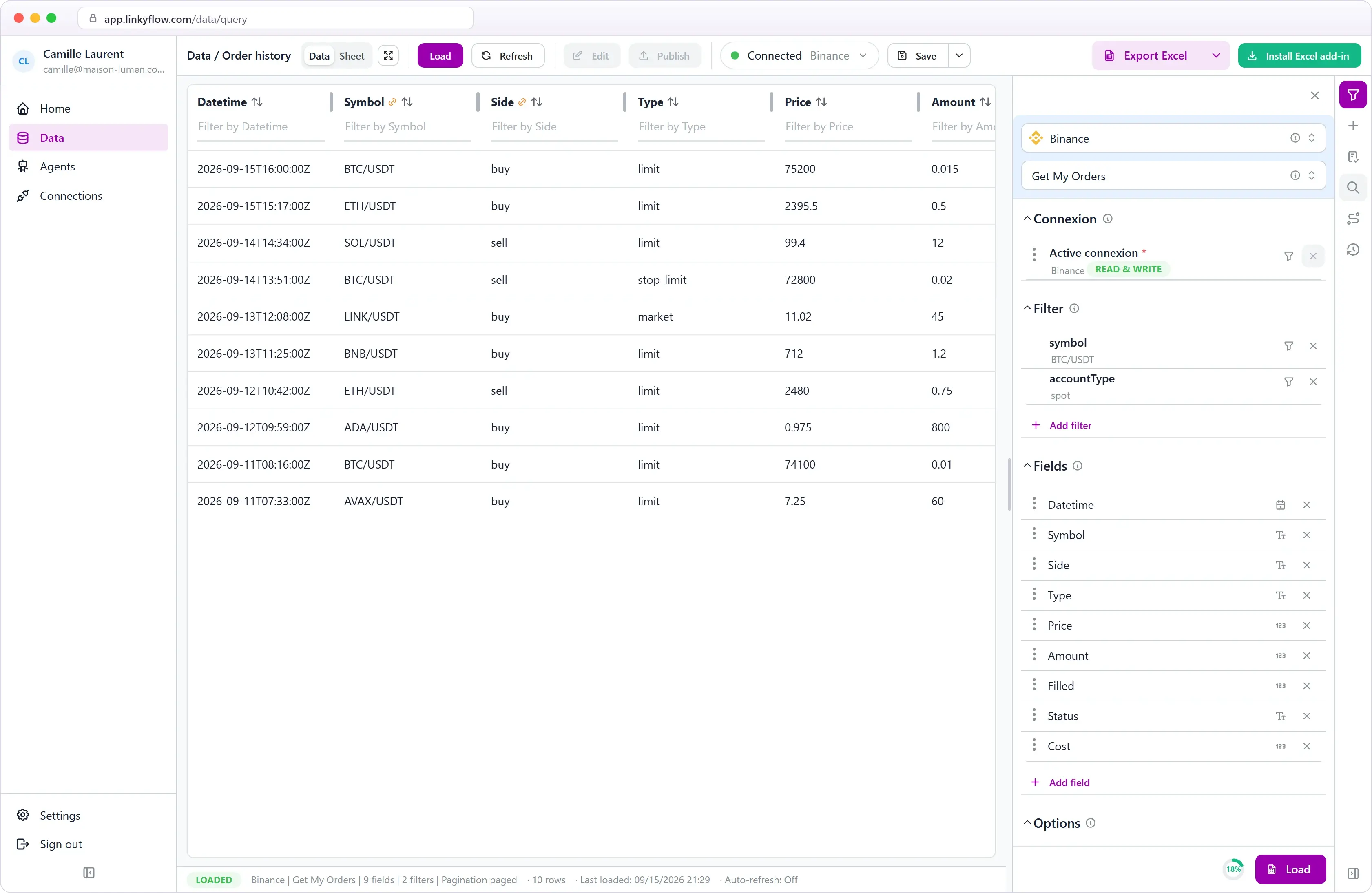 Binance order history loaded in LinkyFlow
